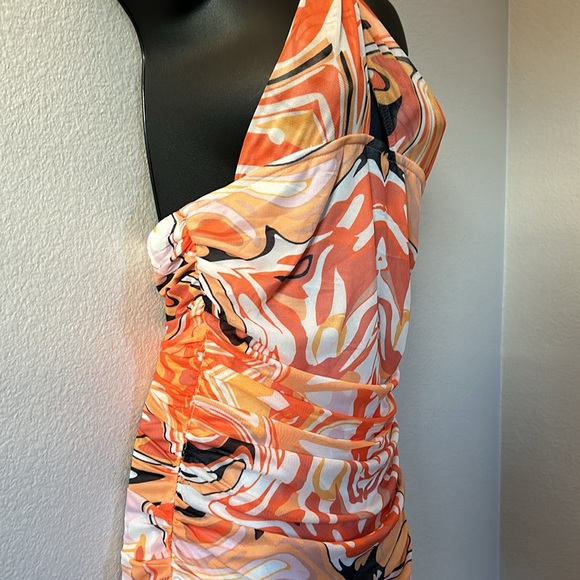 Princess Polly Viviana 70s Mod Swirly Print Cutout Halter Ruched Mini Dress - Picture 8 of 12
